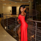 Sexy Sheath Halter V Neck Red Satin Prom Dress Evening Dress with Slit SH2354