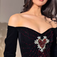 Sexy Black A Line Long Sleeve Exquisite Red Beaded Velvet Long Prom Dress Evening Dress SH6749