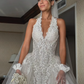 Elegant Exquisite Rhinestone Ball Gown Halter White Lace Tulle Long Wedding Dress SH4937