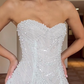 Dazzling A Line Strapless Pearl Sequin Beaded White Tulle Slit Wedding Dress SH6099