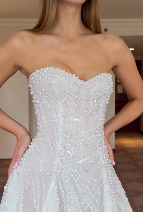 Dazzling A Line Strapless Pearl Sequin Beaded White Tulle Slit Wedding Dress SH6099