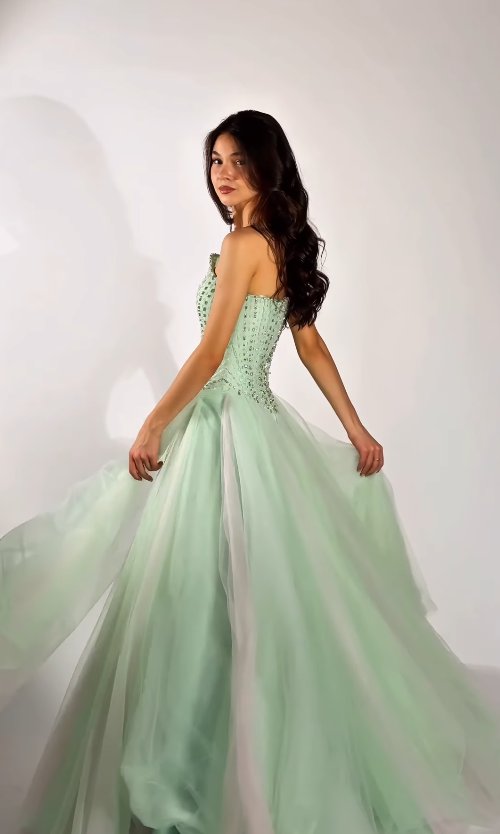 Fairy Green A Line Strapless Exquisite Beaded Tulle Prom Dress Evening Dress SH6753