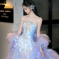 Purple Ball Gown Strapless Beaded Ruffle Tulle Long Sweep Prom Dress 16th Birthday Dress SH4650