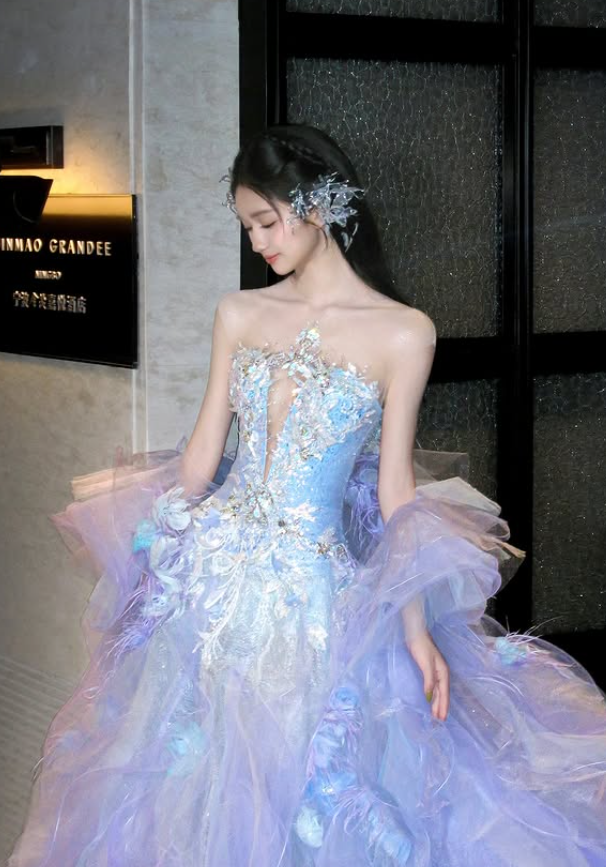 Purple Ball Gown Strapless Beaded Ruffle Tulle Long Sweep Prom Dress 16th Birthday Dress SH4650