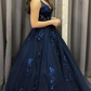 Dark Blue V-Neck Appliques Long Prom Dresses Ball Gown SH915