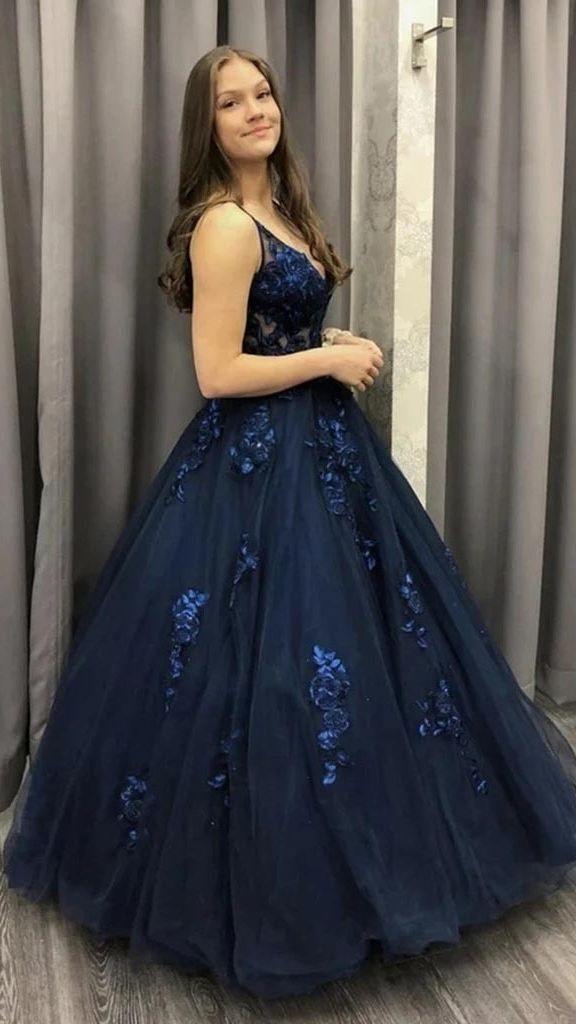 Dark Blue V-Neck Appliques Long Prom Dresses Ball Gown SH915