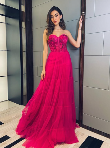 Hot Pink A Line Sweetheart Neck Corset Tulle Long Prom Dress Evening Dress SH6538