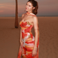 Romantic Orange Print Sheath Strapless Chiffon Long Prom Dress Evening Dress SH7567