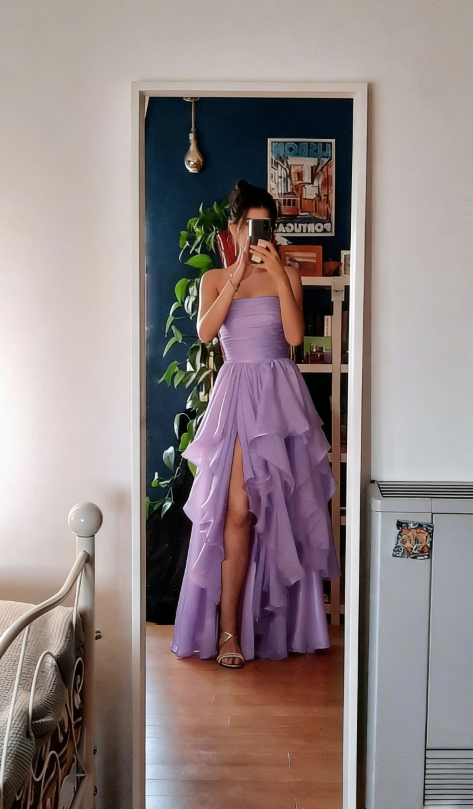 Sexy Red Chiffon Tiered Long Prom Dress A Line Slit Evening Dress SH1495