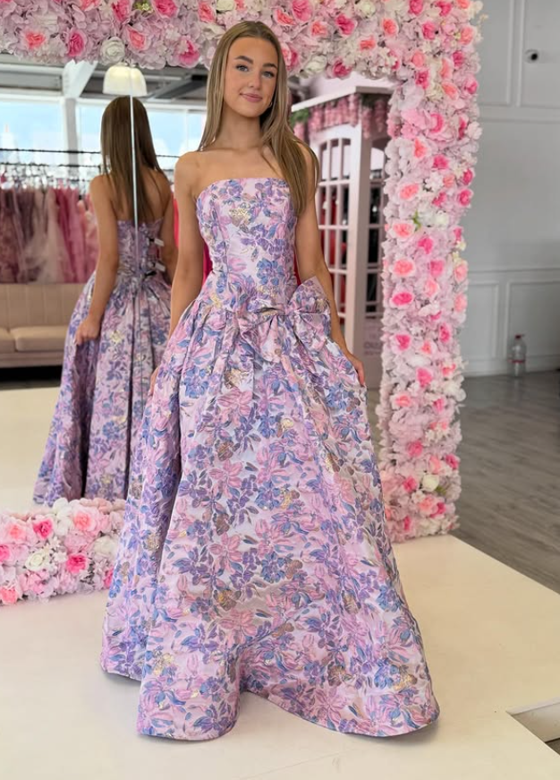 Lilac Print Floral A Line Strapless Satin Long Prom Dress Evening Dress SH6662