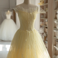 Stunning A Line Strapless Flower Light Yellow Tulle Long Prom Dress Evening Dress SH2993
