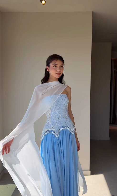 Beautiful Blue A Line Strapless Exquisite Beaded Chiffon Long Prom Dress Evening Dress SH6750