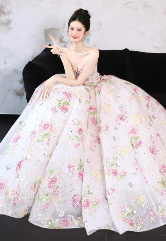Exquisite Ball Gown Strapless Embroidery Floral Tulle Prom Dress 16th Birthday Dress SH4054