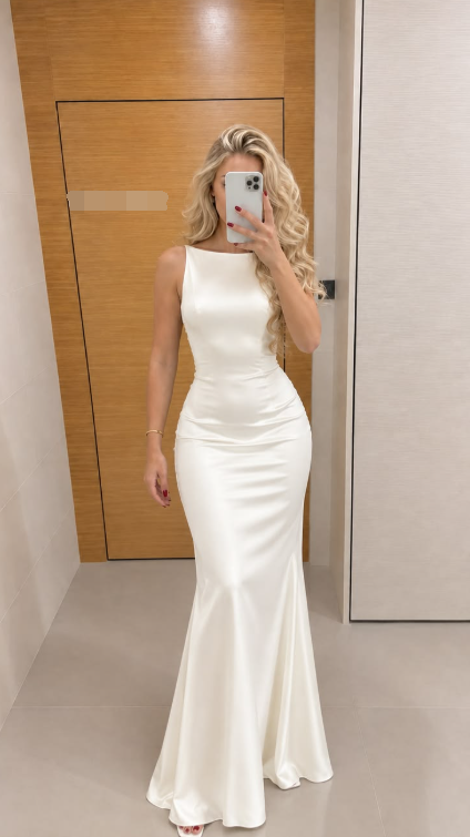 High-class White Mermaid Simple Satin Long Prom Dress Evening Dress SH8354
