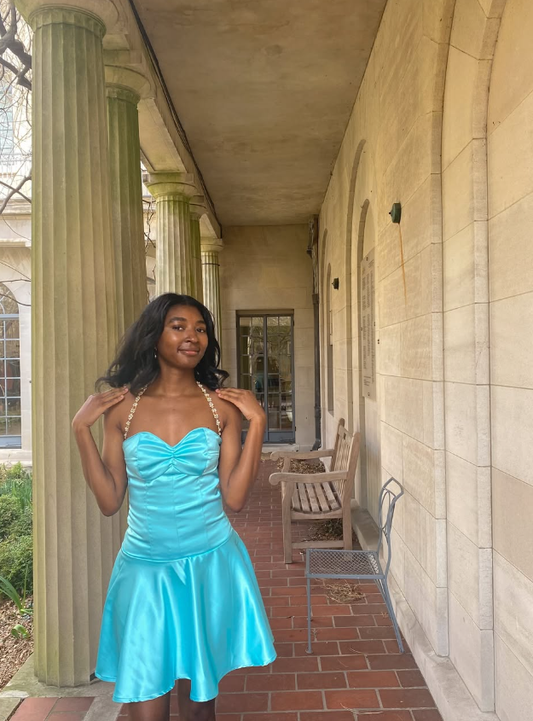 Cute Blue A Line Pearl Spaghetti Strap Satin Homecoming Dress Cocktail Dress SH4000
