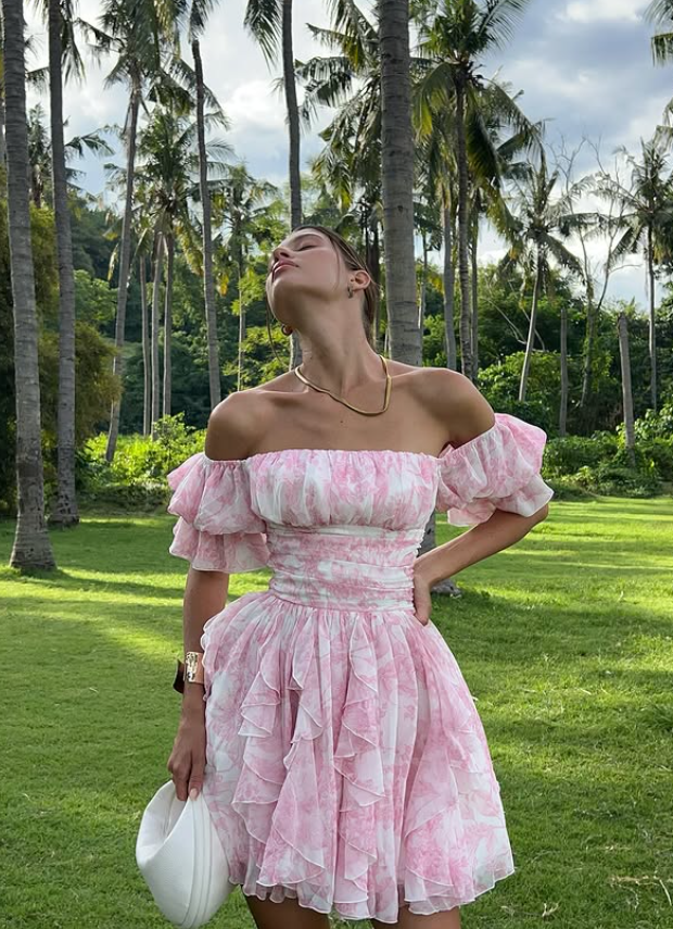 Sweety Pink A Line Off the Shoulder Print Chiffon Short Homecoming Dress Outfits SH6495