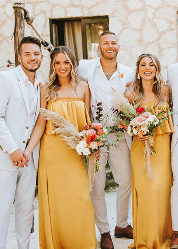 Orange Chiffon Convertible Stylish Off The Shoulder Column With Slit Bridesmaid Dresses SH5579