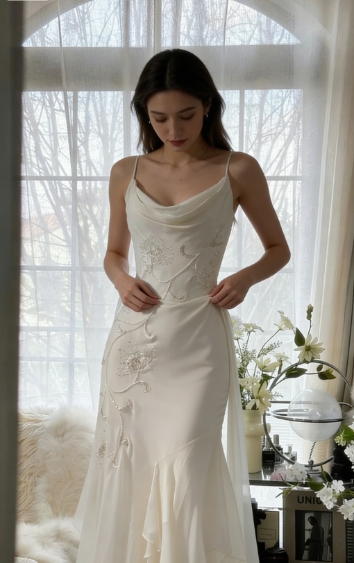 Elegant Mermaid Spaghetti Strap Beaded White Chiffon Prom Dress Graduation Prom Dress SH2560