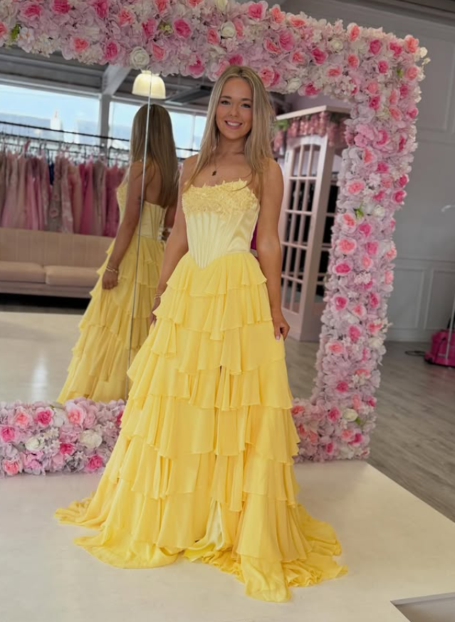 Summer Yellow A Line Strapless Corset Appliques Layered Chiffon Prom Dress Evening Dress SH6650