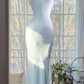 Gentle Cool Baby Blue Sheath Beaded Chiffon Long Graduation Prom Dress SH5343