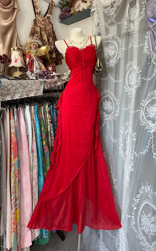 Sexy Vintage Mermaid Straps Ruffle Red Chiffon Long Prom Dress SH5254