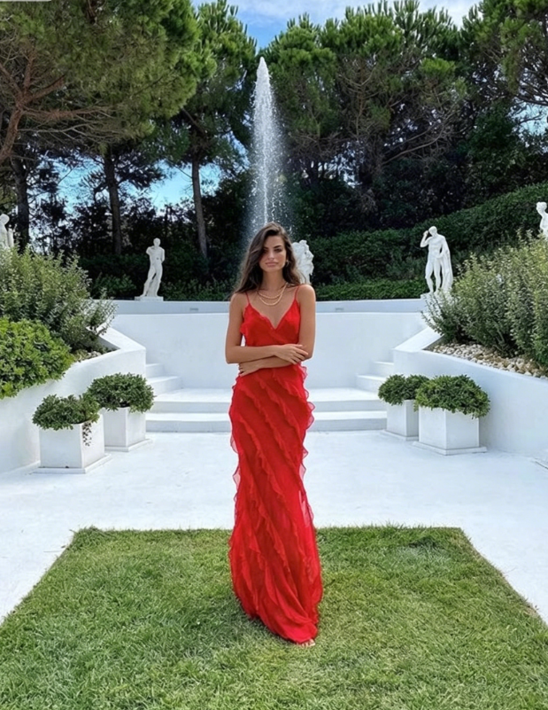 Red Backless Long Prom Dress With Ruffle  SH727