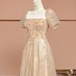 Pretty A Line Puff Beaded Sequin Champagne Tulle Long Prom Dress Party Dress SH4365