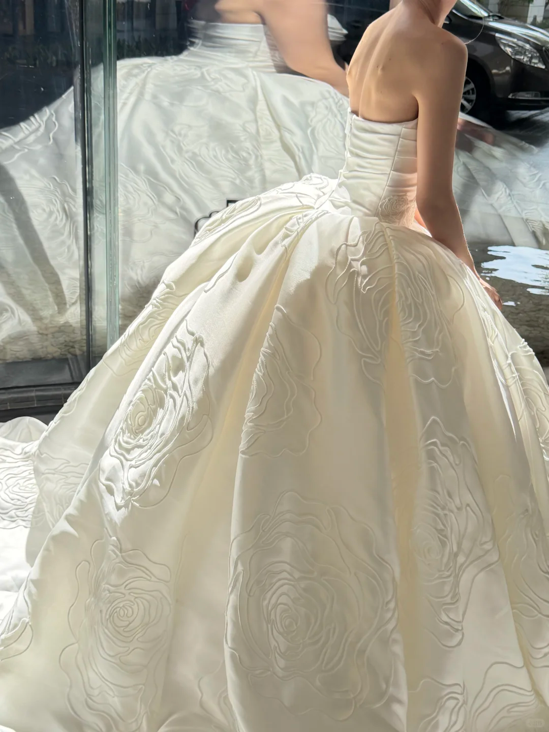 Rose Ball Gown Strapless White Satin Long Sweep Wedding Dress SH5279