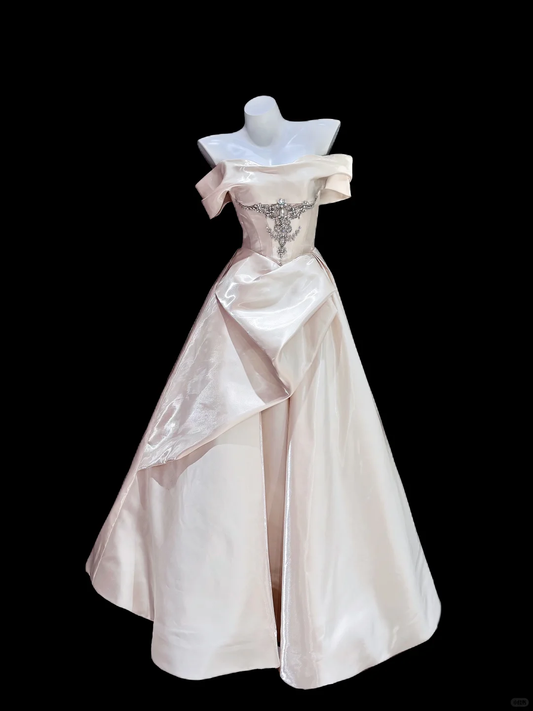 Gentle A Line Off the Shoulder Rhinestone Satin Long Prom Dress Evening Dress SH5008