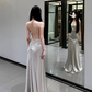 Open Back Silver A Line Spaghetti Straps Simple Satin Long Prom Dress Party Dress SH5020