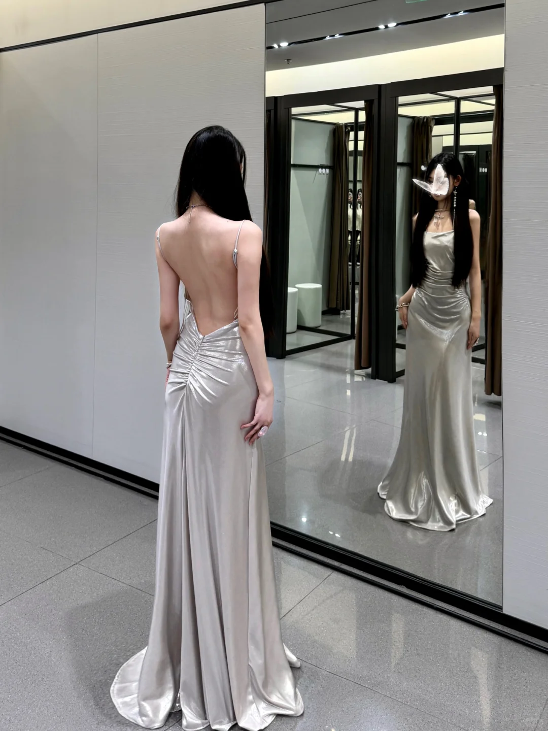 Open Back Silver A Line Spaghetti Straps Simple Satin Long Prom Dress Party Dress SH5020