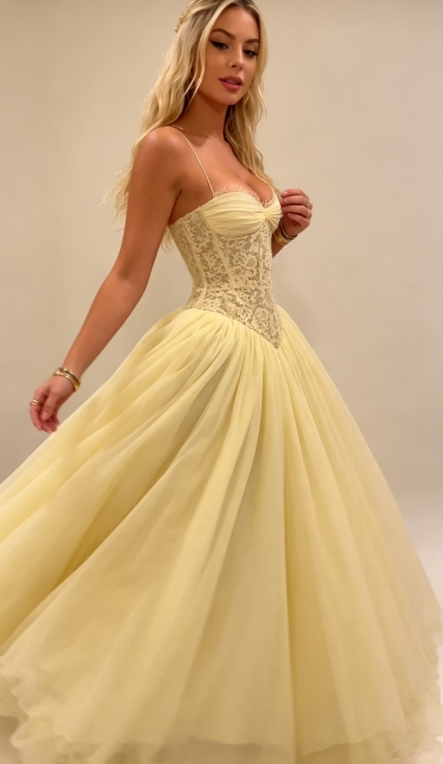 Princess Yellow A Line Sweetheart Neck Lace Chiffon Long Prom Dress Outfits SH6736