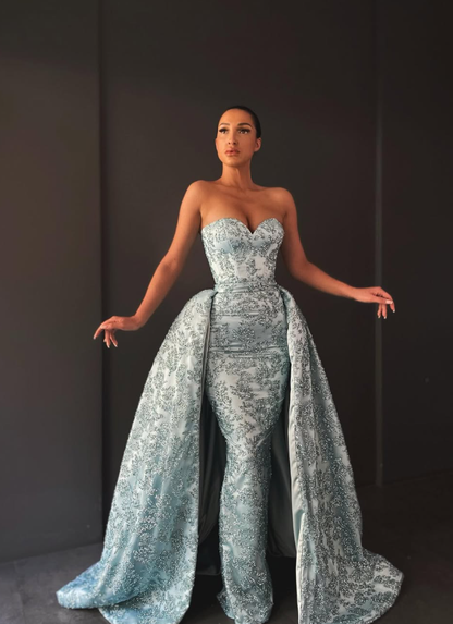 Shiny Baby Blue Sheath Sweetheart Neck Sequin Satin Prom Dress Evening Dress SH6125