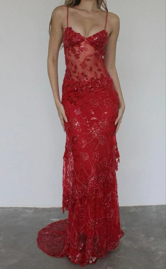 Red Spaghetti Straps Lace Beading Gorgeous Mermaid Evening Dress SH1204