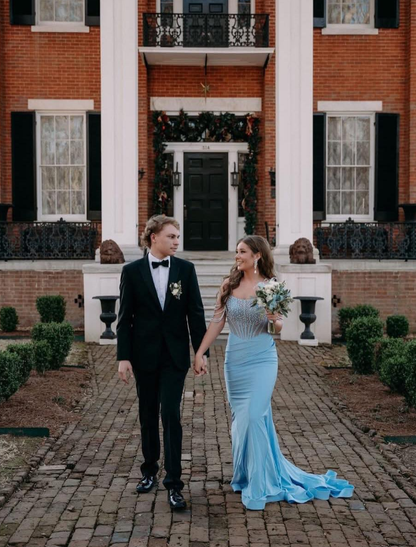 Glamorous Mermaid Off the Shoulder Beaded Blue Satin Long Prom Dress Evening Dress SH7224