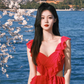 Red A Line V Neck Ruffle Chiffon Long Prom Dress Vacation Dress SH4378