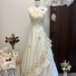 Vintage A Line Strapless Golden Appliques White Satin Long Prom Dress Party Dress SH3032