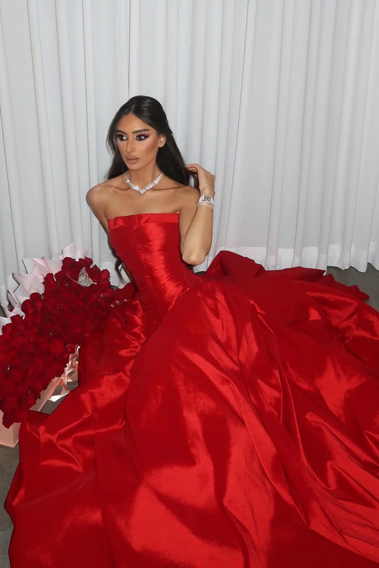 Charming A Line Strapless Red Satin Long Prom Dress Evening Dress SH2080