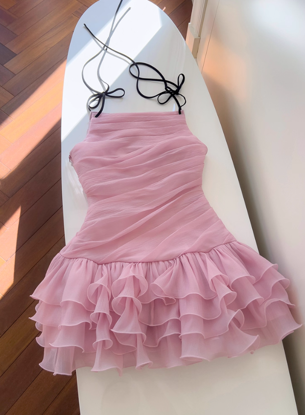 Cute Pink A Line Spaghetti Strap Layered Chiffon Homecoming Dress SH4506