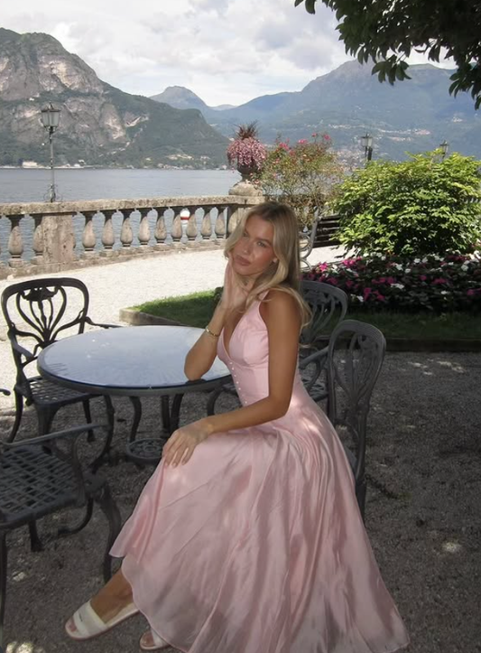 Light Pink A Line V Neck Chiffon Satin Long Prom Dress Evening Dress SH4798