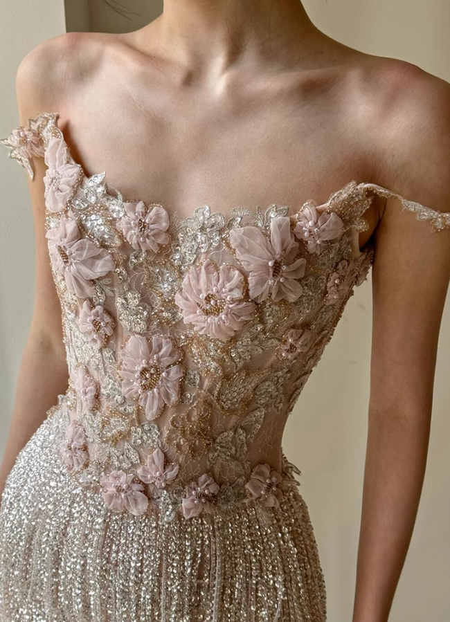 Exquisite Beaded Floral A Line Spaghetti Strap Tulle Long Evening Dress Gown Dress SH3586