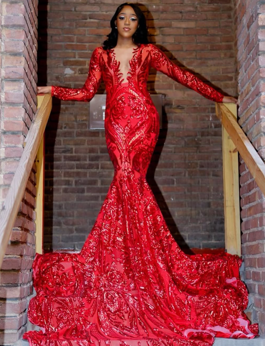 Sexy Mermaid V Neck Long Sleeve Red Sequin Long Sweep Prom Dress Evening Dress SH2160