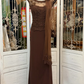 Vintage Brown A Line Round Neck Beaded Lace Chiffon Prom Dress Wedding Guest Dress SH5495
