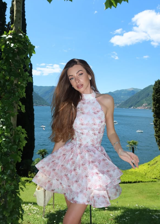 Dreamy Pink A Line Halter Print Layered Organza Short Homecoming Dress Outfits SH6497