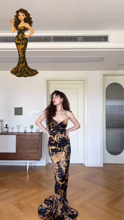 Classic Mermaid Spaghetti Strap Printed Floral Black Satin Prom Dress Wedding Guest Dress SH4560