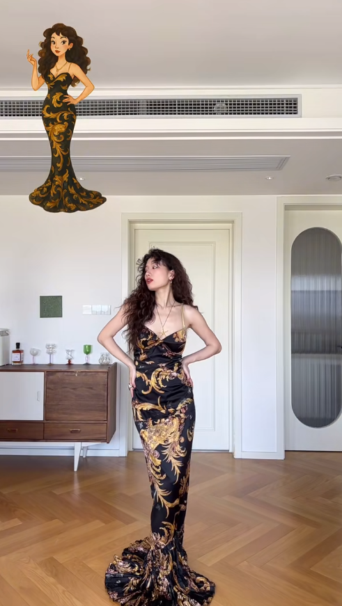Classic Mermaid Spaghetti Strap Printed Floral Black Satin Prom Dress Wedding Guest Dress SH4560