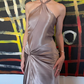 Simple A Line Halter Brown Satin Open Back Long Prom Dress Graduation Prom Dress with Slit SH2594