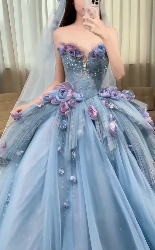 Blue Floral Ball Gown Sweetheart Neck Exquisite Beaded Tulle Long Prom Dress SH5031