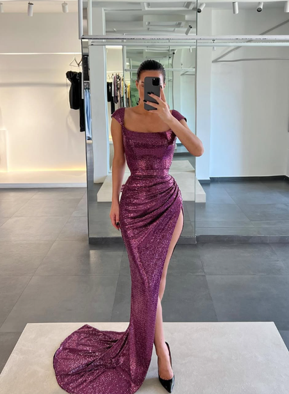 Shiny Purple Sheath Straps Sequin Prom Dress Evening Dress with Slit SH6121