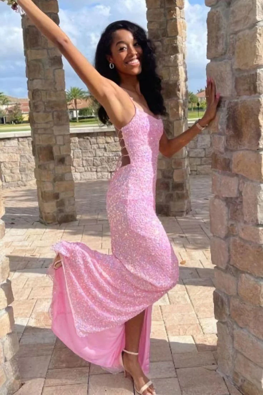 Pink Sequins Mermaid Long Prom Dress, With Side Slit  SH809